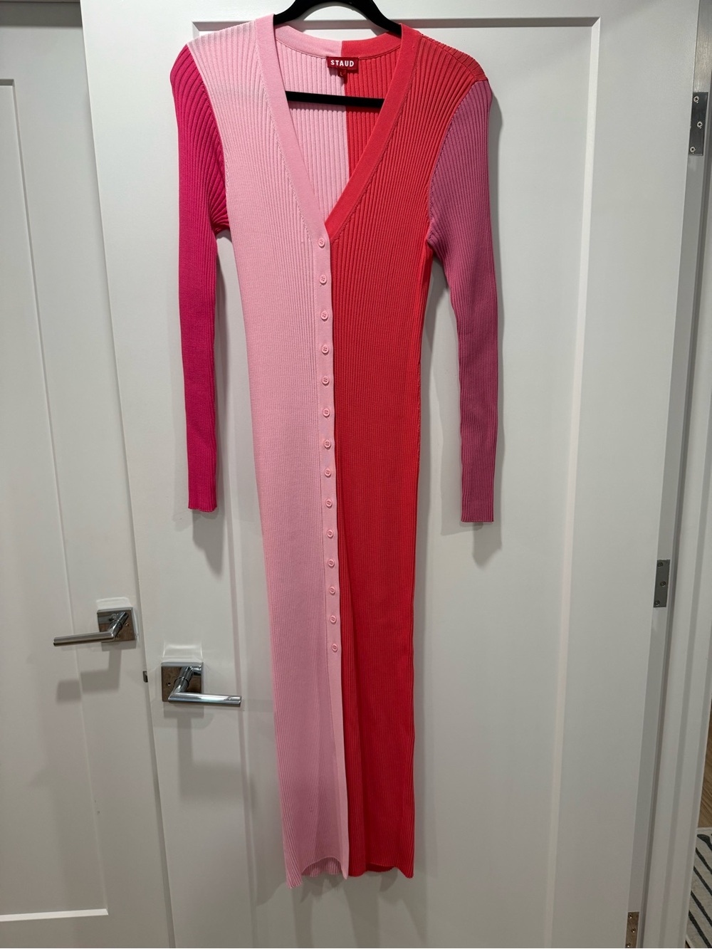 STAUD Pink & Red Colorblock Ribbed Button-Front Maxi Dress
